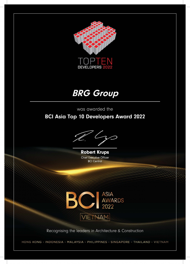 Tập đoàn BRG được vinh danh là “Top 10 Chủ đầu tư hàng đầu Việt Nam”tại giải thưởng BCI Asia Awards 2022