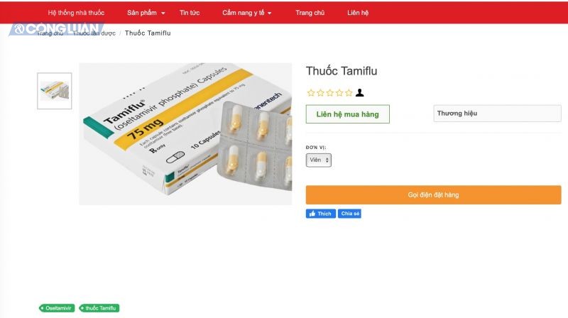 Thuốc Tamiflu bán online trên website muathuoc.vn không có giá bán công khai