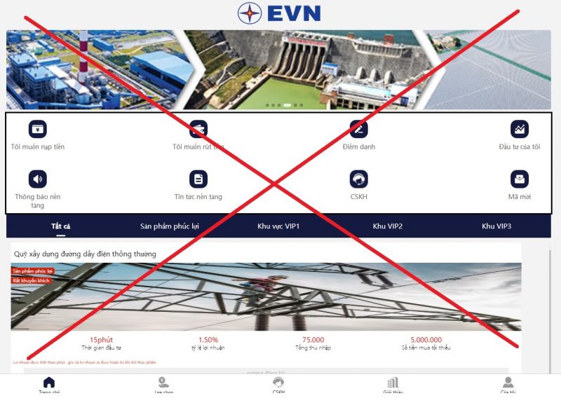 trang web giả mạo thương hiệu EVN
