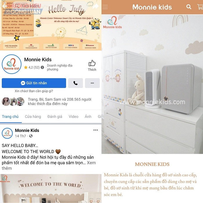 Hệ thống Monnie Kids quảng cáo rầm rộ trên nền tảng mạng xã hội Facebook và website https://monniekids.com/ (Ảnh: Tuấn Quang)