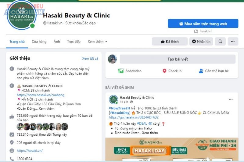 Trên Facebook, Hasaki cũng có trang riêng để bán mỹ phẩm cho các tín đồ yêu làm đẹp