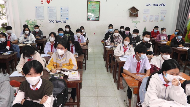 Một lớp học của trường THCS Đàm Quang Trung,quận Liên Chiểu, TP.Đà Nẵng trong đợt dịch Covid-19.