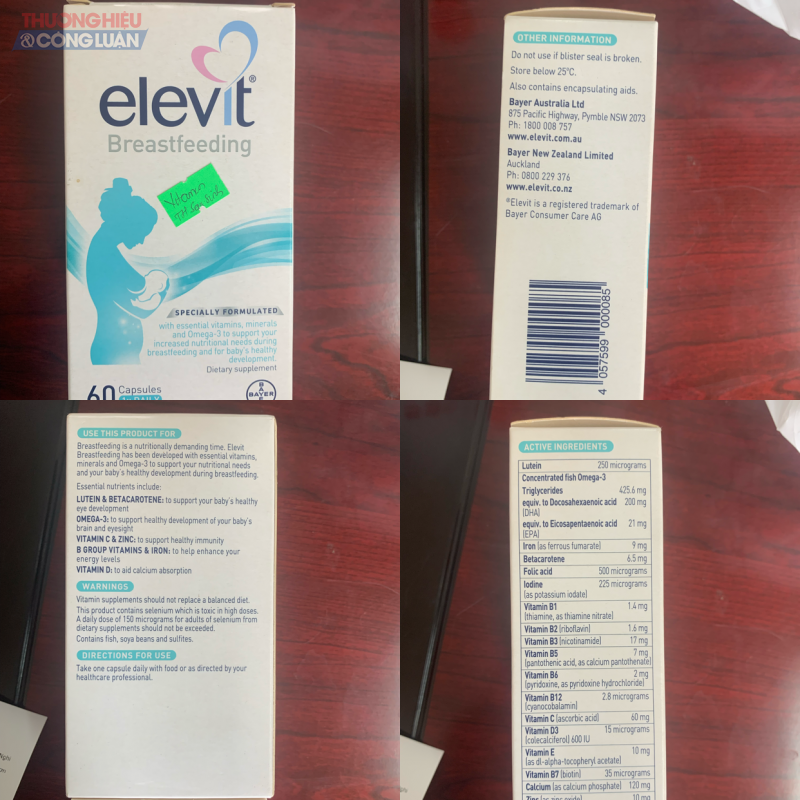 Sản phẩm giống với thương hiệu Elevit được bày bán đến tay người tiêu dùng, hoàn toàn không có tem nhãn phụ, không có thông tin đơn vị nào đứng ra chịu trách nhiệm