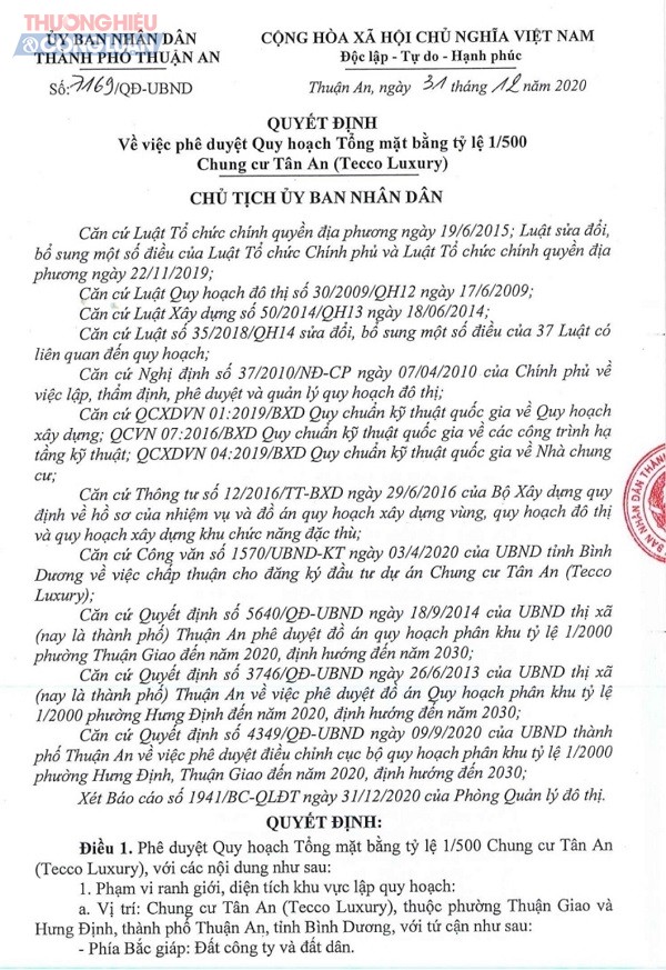 Quyết định phê duyệt Quy hoạch Tổng mặt bằng tỷ lệ của UBND TP. Thuận An. Ảnh: Nguyễn Trung