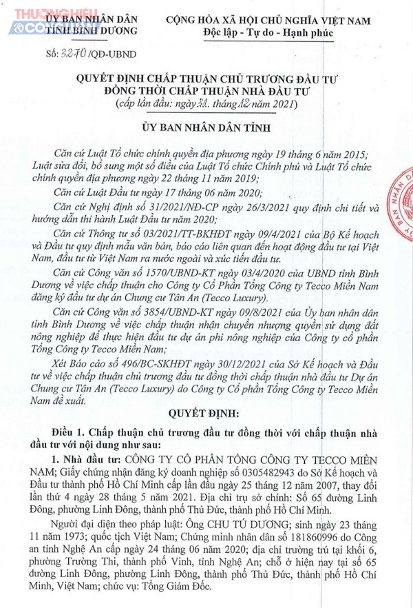 Quyết định chấp thuận chủ trương đầu tư của UBND tỉnh Bình Dương. Ảnh: Nguyễn Trung