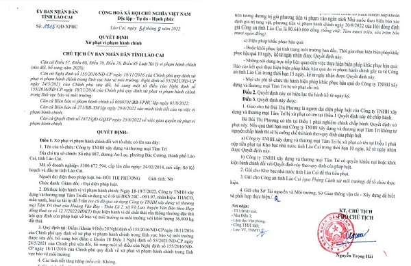Biên bản xử phạt của UBND tỉnh Lào Cai đối với Công ty TNHH Xây dựng và Thương mại Tâm Trí