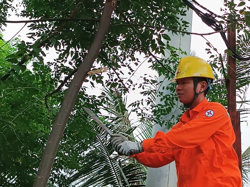 Công nhân Điện lực Kim Động thực hiện phát quang bảo vệ hành lang lưới điện