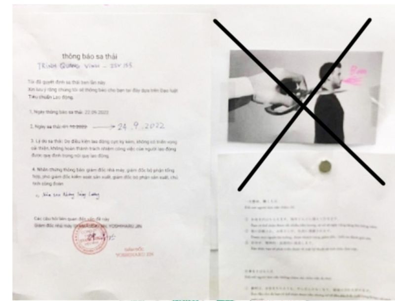 Thông báo sa thải nhân viên cùng hình ảnh phản cảm dán kèm tại Công ty TNHH Liyama Seiki Việt Nam KCN Vsip , Thủy Nguyên, Hải Phòng