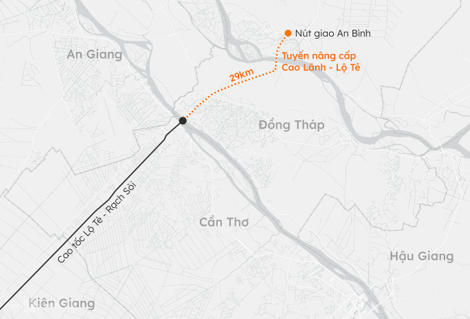 Vị trí tuyến đường nối Đồng Tháp - Cần Thơ sắp được nâng cấp. Đồ hoạ: Khánh Hoàng
