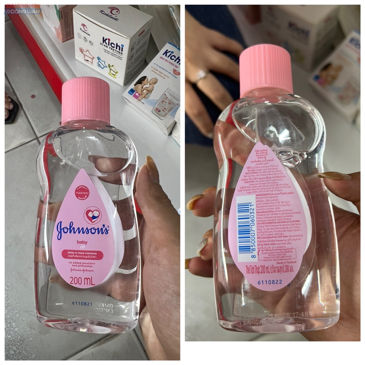 Chai dầu dưỡng Johnson Baby Oil không có tem nhãn phụ được bày bán trên kệ chi nhánh Nguyễn Xiển