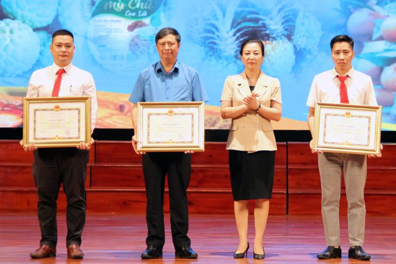 Bà Lê Thị Thu Hồng trao Bằng khen của Chủ tịch UBND tỉnh cho các tập thể có nhiều thành tích xuất sắc trong thực hiện Cuộc vận động
