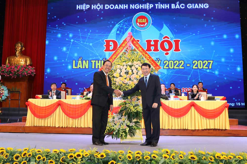Ông Lê Ánh Dương thay mặt Tỉnh ủy, HĐND, UBND tỉnh tặng hoa chúc mừng Đại hội.