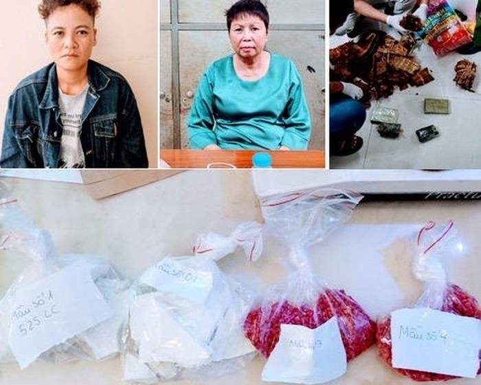 Đinh Thị Yến (áo xanh) và Trần Thị Loan cùng số ma túy bị bắt giữ.