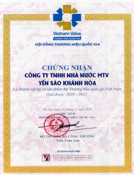 Công ty Yến sào Khánh Hòa là doanh nghiệp có sản phẩm đạt Thương hiệu Quốc gia Việt Nam