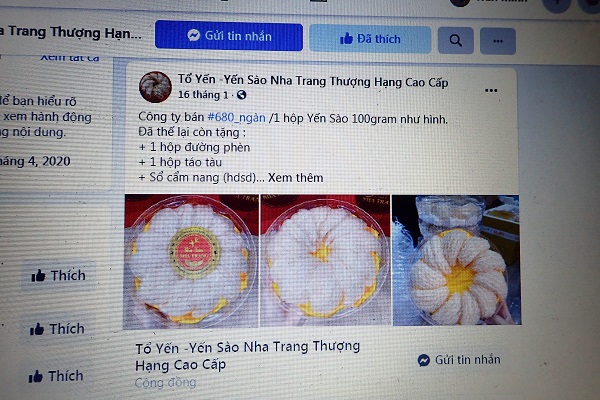 Yến sào gắn nhãn hiệu Yến sào Nha Trang, không rõ nguồn gốc, bán giá rẻ bất ngờ 680.000 đồng/ 1 hộp 100 g trên mạng xã hội