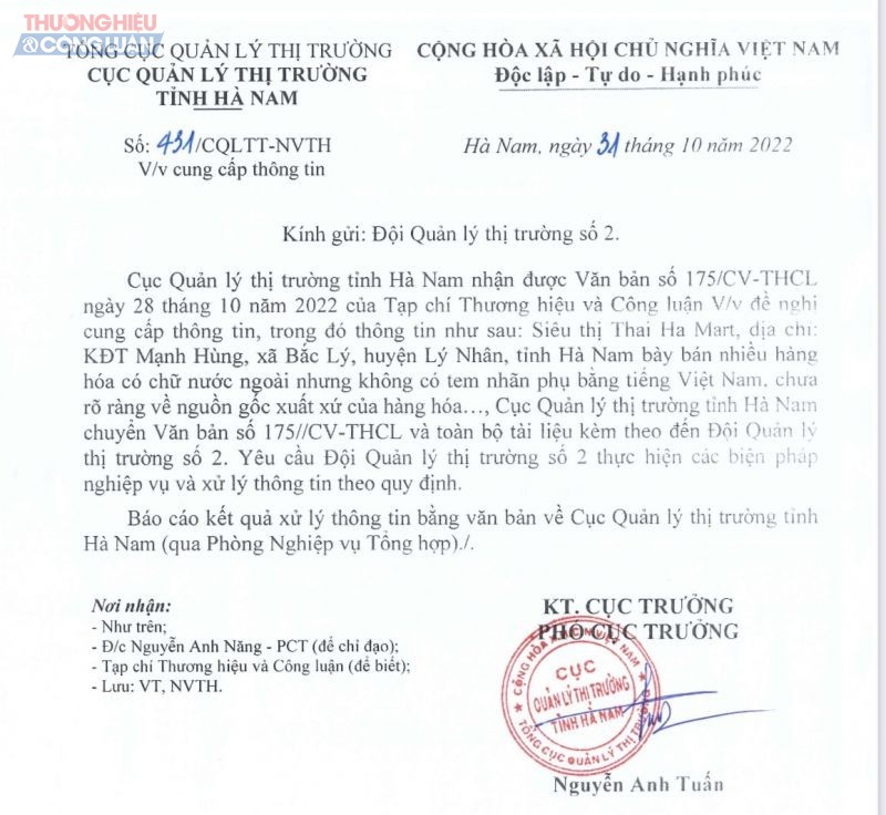 Công văn chỉ đạo của Cục QLTT tỉnh Hà Nam