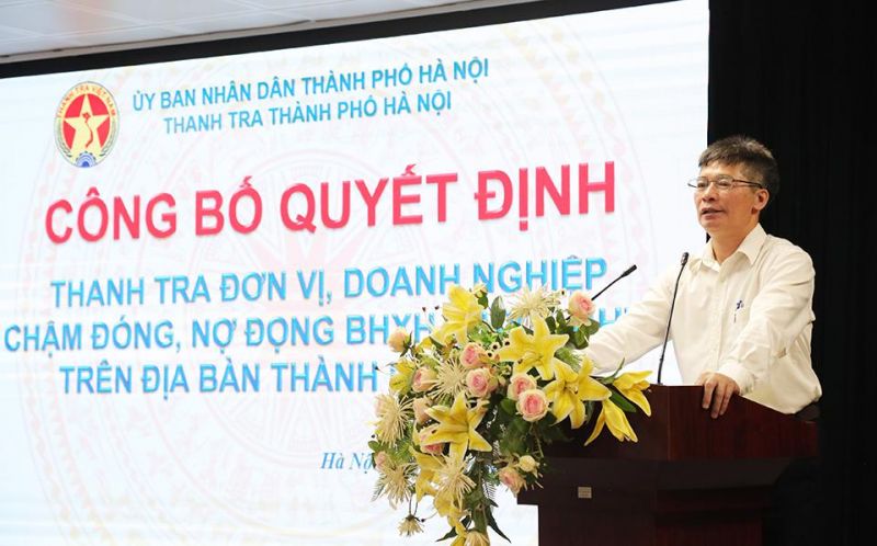 Phó Giám đốc BHXH Hà Nội Vũ Đức Thuật phát biểu tại buổi công bố quyết định thanh tra.