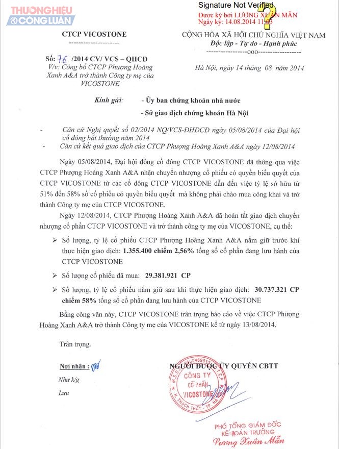 Thông báo số 76/2014-CV/VCS-QHCĐ ngày 14 tháng 08 năm 2014 về việc công bố Công ty CP Phượng Hoàng Xanh A&A trở thành Công ty mẹ của Vicostone.