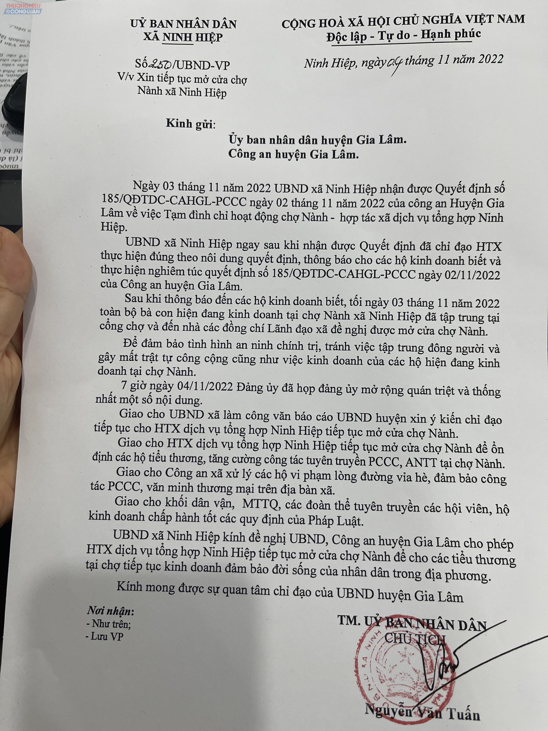 Văn bản số 250/UBND-VP của UBND xã Ninh Hiệp về việc xin tiếp tục mở cửa chợ Nành