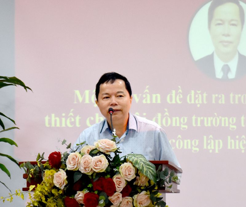 TS. Phạm Trí Thành, Chủ tịch Hội đồng trường Đại học Sân khấu - Điện ảnh Hà Nội tham luận về “Một số vấn đề đặt ra trong hoạt động của thiết chế Hội đồng trường tại các trường đại học công lập hiện nay”