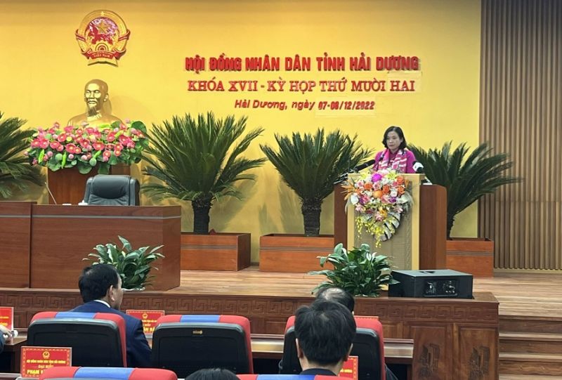 Bà Nguyễn Thị Ngọc Bích, Phó Chủ tịch Thường trực HĐND tỉnh Hải Dương phát biểu tại kỳ họp thứ 12 HĐND tỉnh Hải Dương