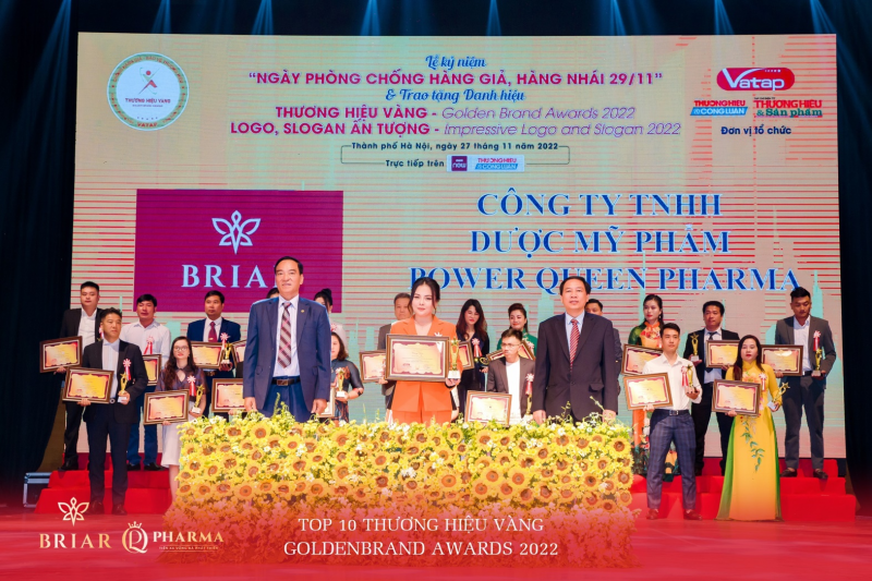 Thương hiệu Briar – Công Ty TNHH Dược Mỹ phẩm Power Queen Pharma tự hào khi được vinh danh Top 10 Thương hiệu Vàng – Golden Brand Awards 2022 được tổ chức bởi Hiệp hội chống hàng giả và bảo vệ thương hiệu Việt Nam ( VATAP) tổ chức