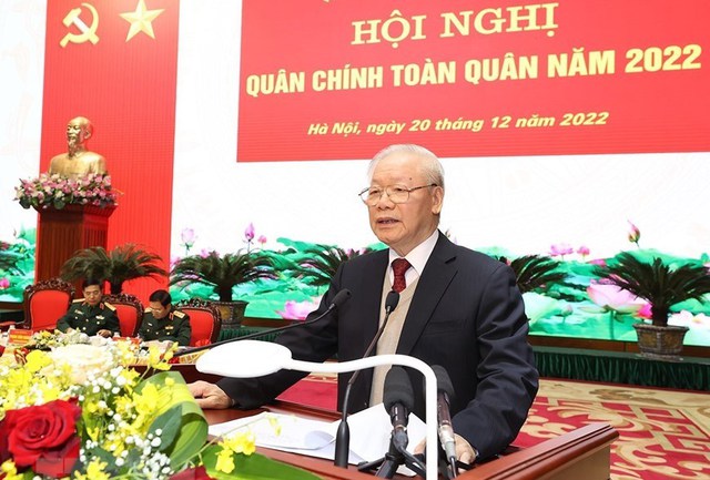 Tổng Bí thư Nguyễn Phú Trọng phát biểu chỉ đạo Hội nghị quân chính toàn quân năm 2022. Ảnh chinhphu.vn