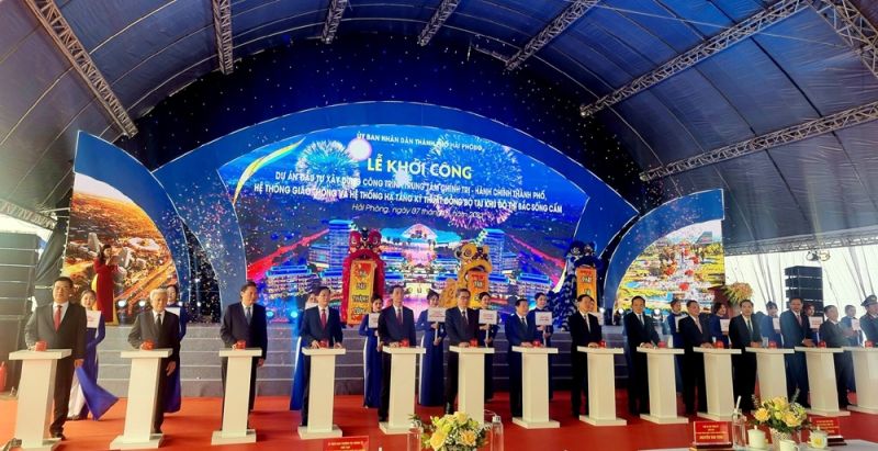 Lãnh đạo Trung ương và thành phố Hải Phòng ấn nút khởi công Dự án Trung tâm Chính trị - Hành chính Bắc sông Cấm.