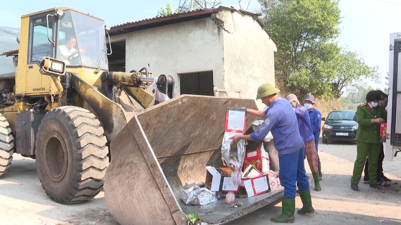 Lực lượng chức năng tỉnh Phú Thọ tiến hành tiêu hủy số thực phẩm trên.