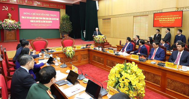 Tổng Bí thư Nguyễn Phú Trọng phát biểu tại buổi làm việc với Ban Thường vụ và lãnh đạo tỉnh Thái Nguyên. Ảnh: Trí Dũng– TTXVN