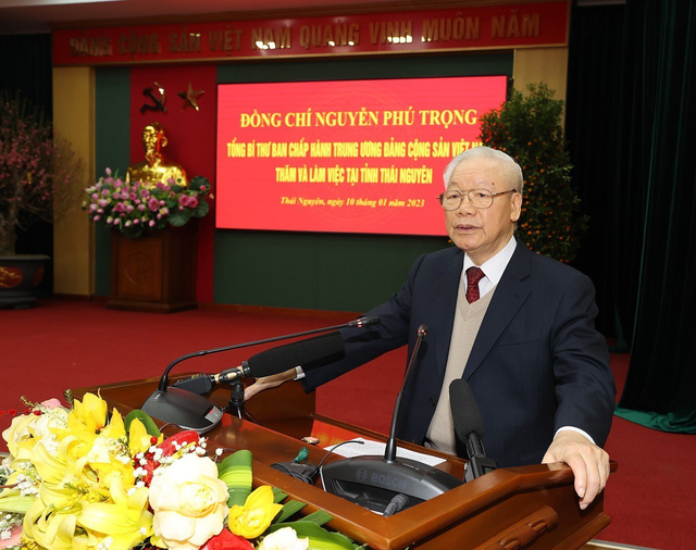 Tổng Bí thư Nguyễn Phú Trọng phát biểu tại buổi làm việc với Ban Thường vụ và lãnh đạo tỉnh Thái Nguyên. Ảnh: Trí Dũng– TTXVN