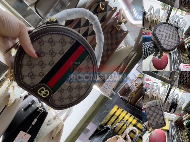 Chiếc túi xách có vẻ ngoài giống thương hiệu Gucci nhưng được bày bán ngang nhiên tại cửa hàng nhưng lại không có chút thông tin gì ngoài chữ nước ngoài, không tem nhãn phụ tiếng Việt