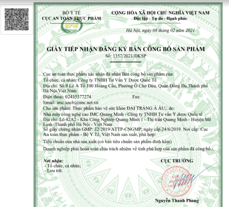 Đại tràng Á Âu đã được Bộ Y Tế cấp phép Đại tràng Á Âu đã được Bộ Y Tế cấp phép