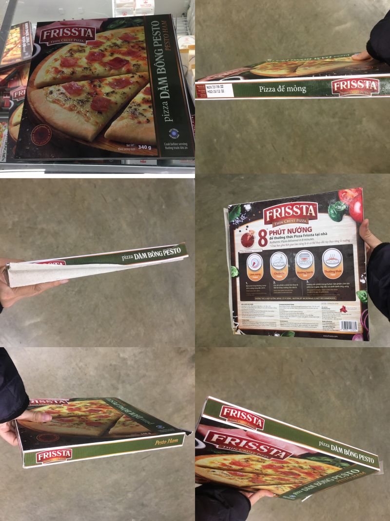 Hộp bánh pizza Frissta đã hết hạn sử dụng, bao bì bong tróc nhưng vẫn được bày bán trong siêu thị Mega Market Hạ Long