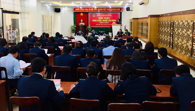 Quang cảnh Hội nghị Công chức, người lao động Cục QLTT tỉnh Bình Định năm 2023.