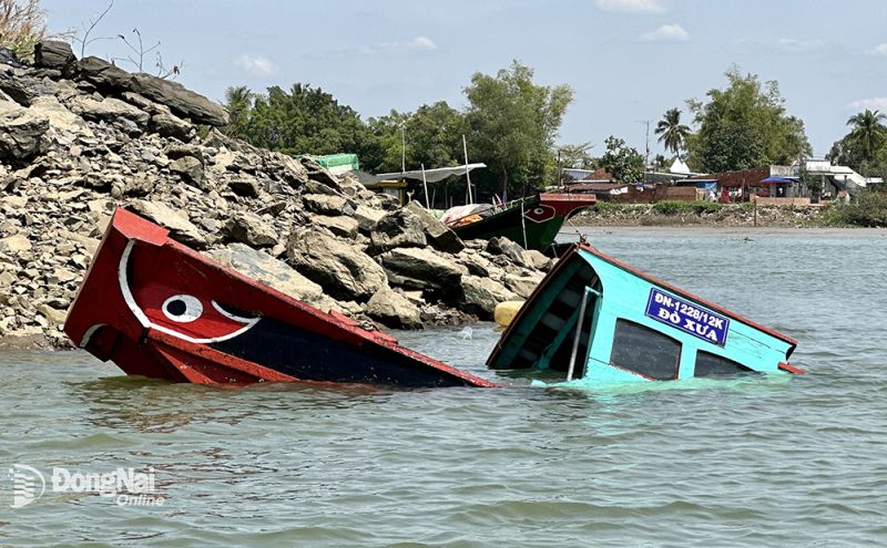 Đò chở khách ĐN-1228/12K bị chìm sau cú va chạm với sà lan trên sông Đồng Nai sáng 5-2. Ảnh: H.V