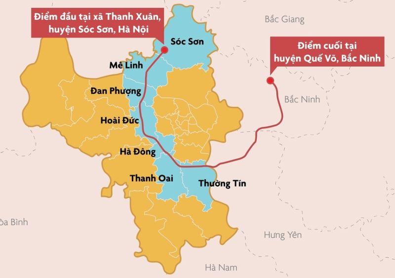 Vành đai 4 - vùng thủ đô đi qua Hà Nội, Hưng Yên, Bắc Ninh là dự án giao thông trọng điểm được lên kế hoạch hoàn thành vào năm 2027. Đồ họa: Duy Anh.