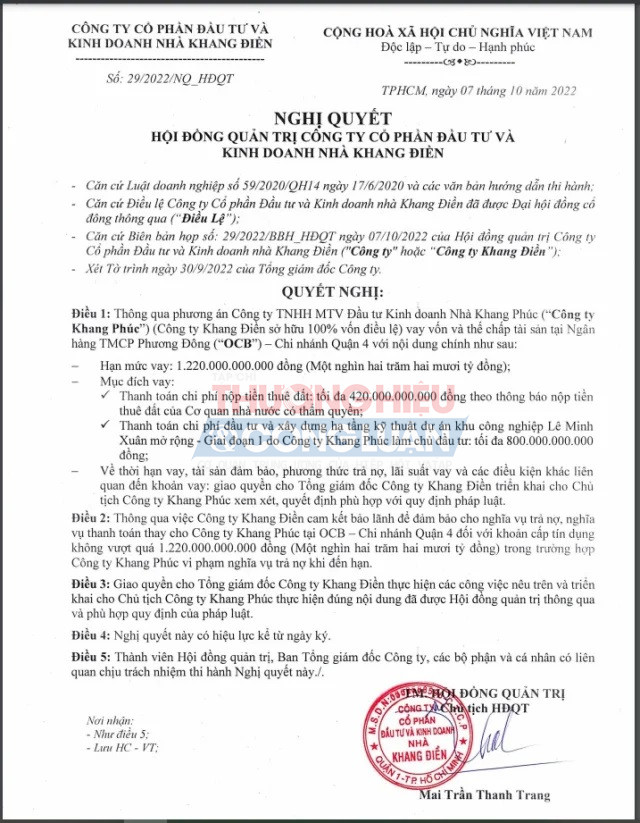 Nhà Khang Điền sẽ bảo lãnh để đảm bảo cho nghĩa vụ trả nợ, nghĩa vụ thanh toán thay cho Công ty TNHH MTV Đầu tư Kinh doanh Nhà Khang Phúc (Khang Điền sở hữu 100% vốn điều lệ) tại Ngân hàng OCB – Chi nhánh Quận 4 với hạn mức vay 1.220 tỷ đồng.