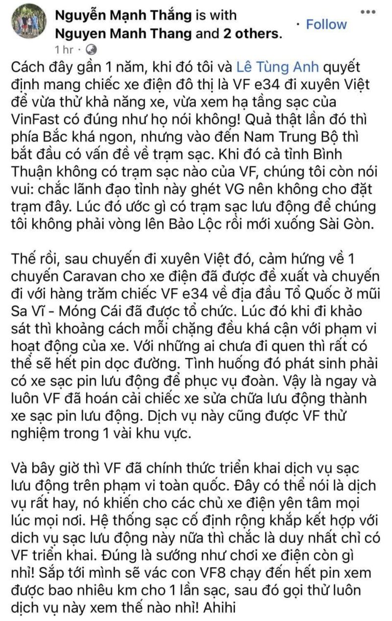 Bài viết của chuyên gia Nguyễn Mạnh Thắng nhận được nhiều bình luận đồng tình, ủng hộ về hệ sinh thái hỗ trợ xe điện của VinFast.