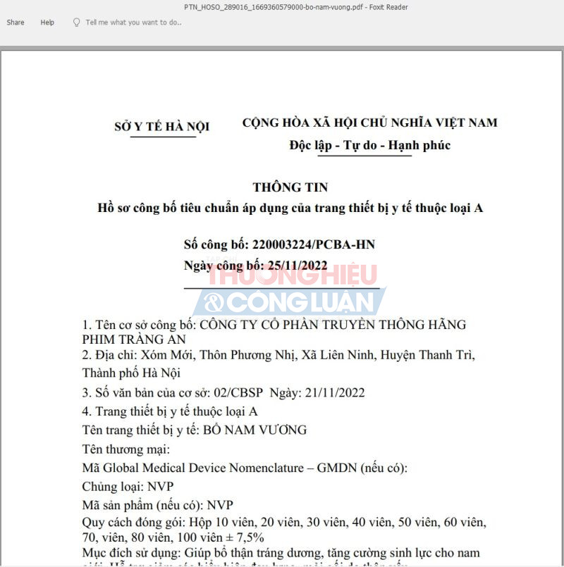 Th&ocirc;ng tin hồ sơ c&ocirc;ng bố ti&ecirc;u chuẩn &aacute;p dụng của trang thiết bị y tế loại A đối với sản phẩm Bổ Nam Vương do Sở Y tế H&agrave; Nội cấp.