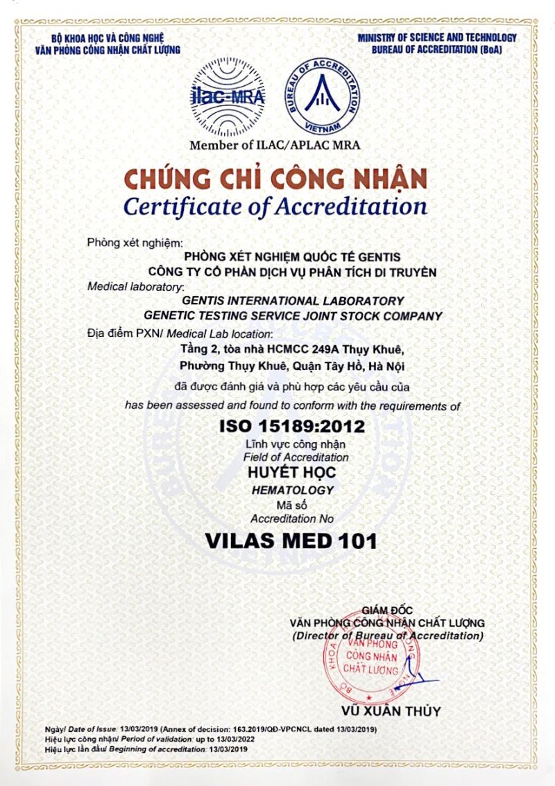 Chứng chỉ ISO 15189:2012