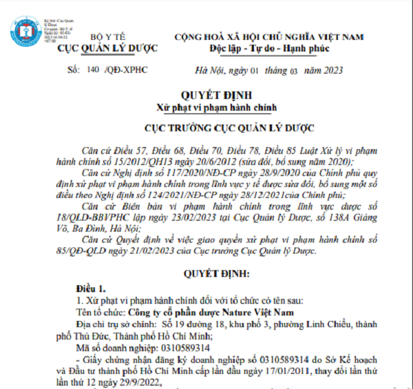 Một phần Quyết định xử phạt của Cục Quản lý Dược Một phần Quyết định xử phạt của Cục Quản lý Dược