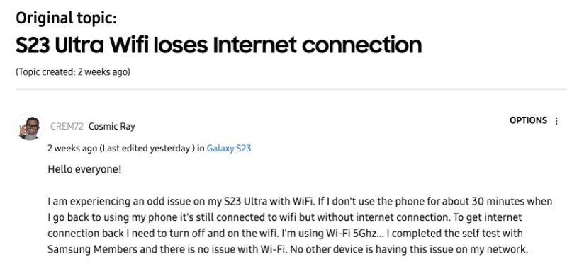 Một thành viên trên Samsung Community phản ánh về lỗi WiFi trên S23 Ultra.