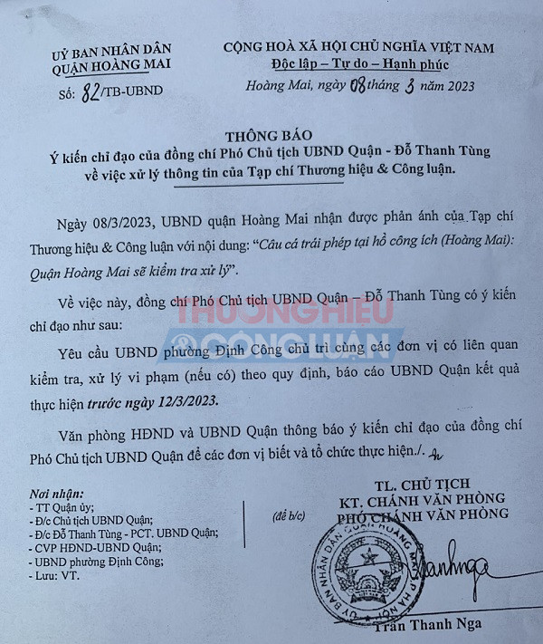 Thông báo của UBND quận Hoàng Mai, đề nghị UBND huyện Định Công báo cáo trước ngày 12/3/2023