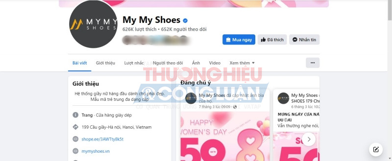 Trang Facebook có tên là My My Shoes với hơn 626 nghìn lượt người theo dõi, hệ thống cửa hàng giày nữ này sở hữu 5 chi nhánh tại Hà Nội.