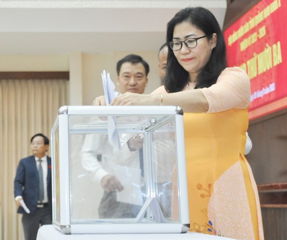 Đại biểu HĐND tỉnh bỏ phiếu về việc cho thôi làm nhiệm vụ đại biểu HĐND tỉnh khóa X đối với ông Nguyễn Viết Dũng.
