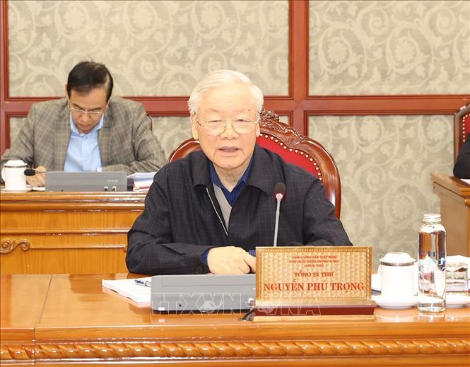 Tổng Bí thư Nguyễn Phú Trọng phát biểu kết luận cuộc họp, sáng 30/3. Ảnh: Trí Dũng/TTXVN