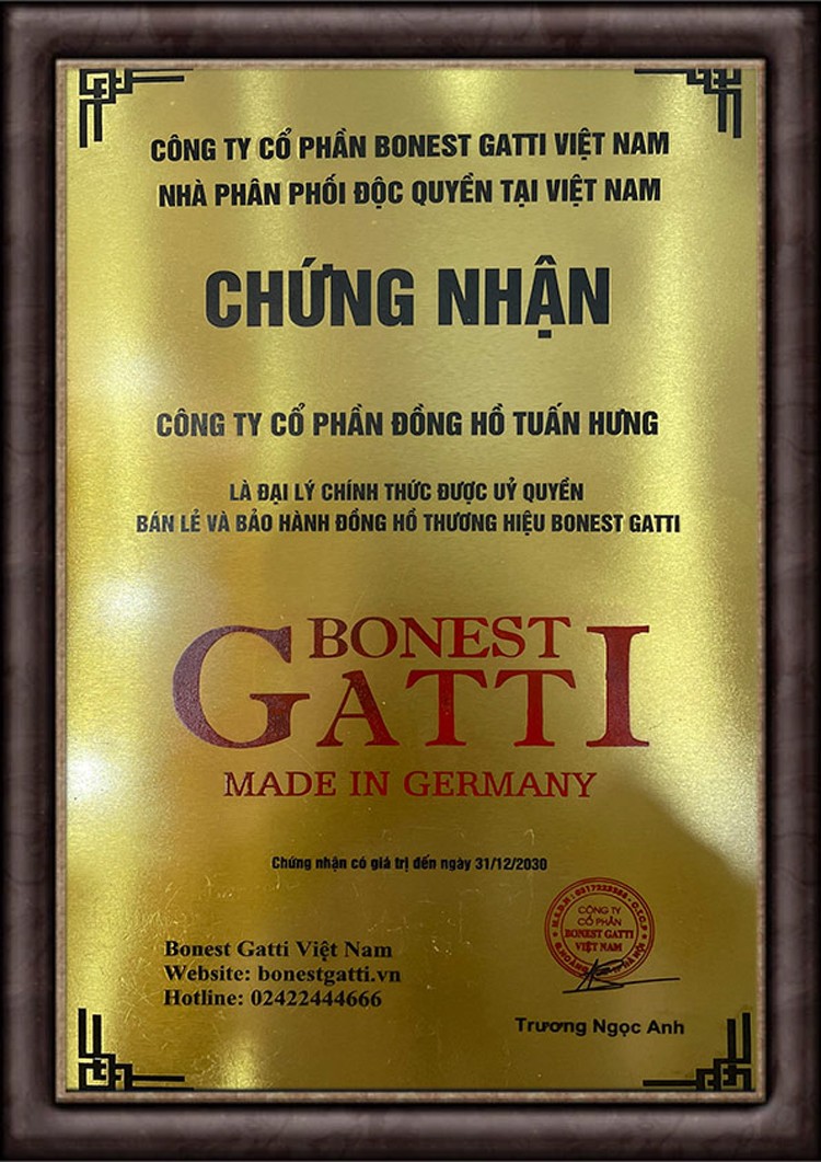 Thậm chí ngay cả chứng nhận mà Đồng hồ Tuấn Hưng nhận được từ Công ty cổ phần Bonest Gatti Việt Nam cũng ghi dòng chữ khá to và bắt mắt “Bonest Gatti Made in Germany”.