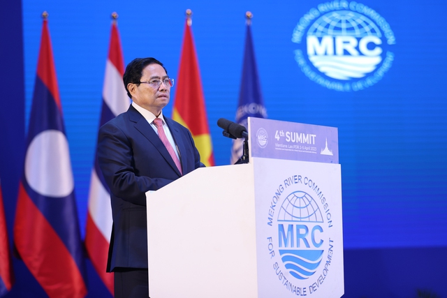 Thủ tướng Phạm Minh Chính phát biểu tại Hội nghị Cấp cao lần thứ 4 Ủy hội sông Mekong quốc tế - Ảnh: VGP/Nhật Bắc