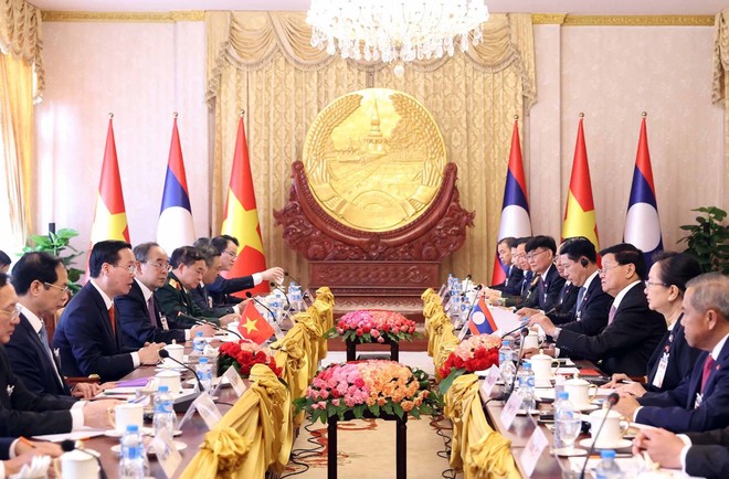 Chủ tịch nước Võ Văn Thưởng hội đàm với Tổng Bí thư, Chủ tịch nước Lào Thongloun Sisoulith